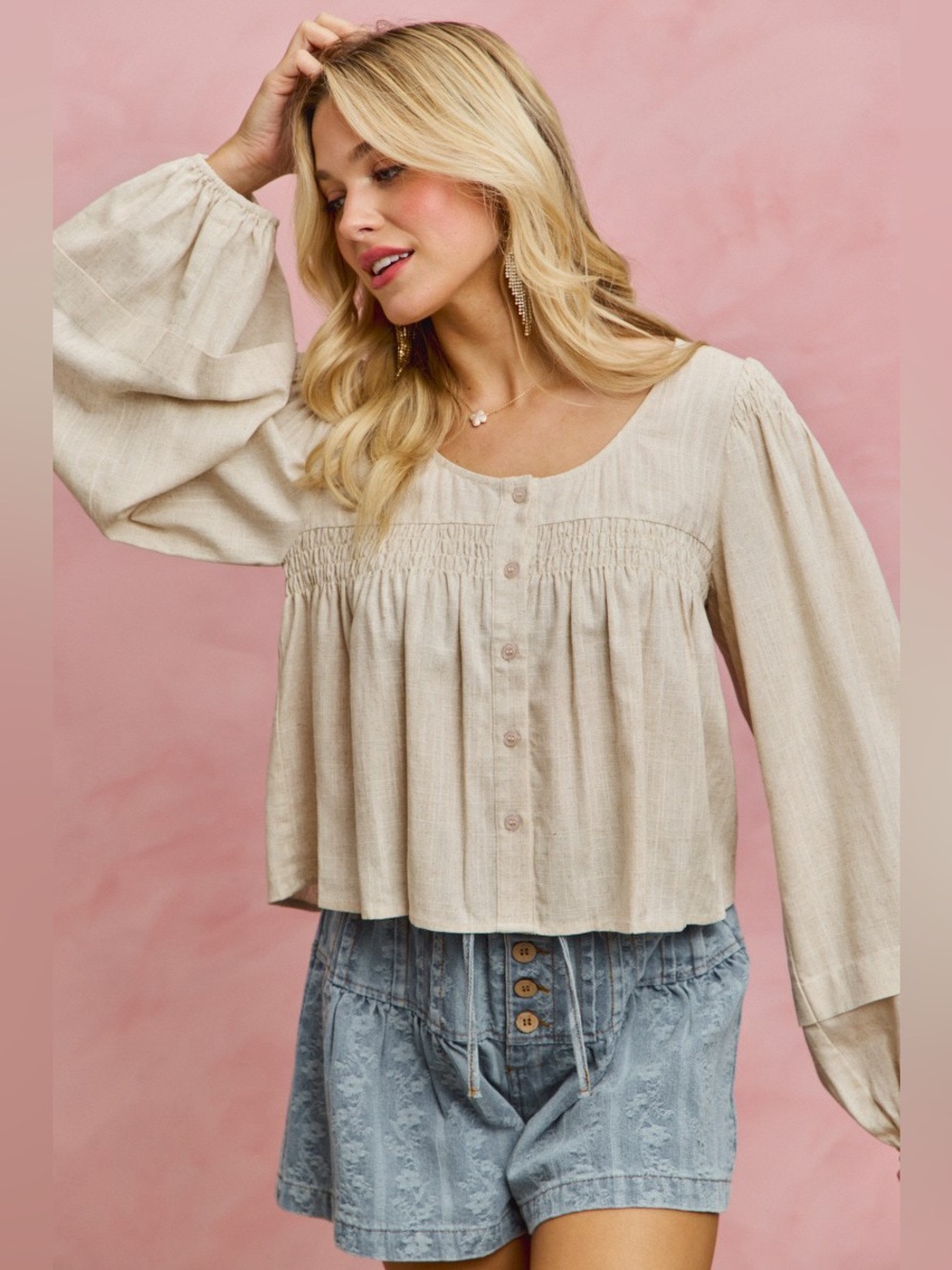 SO ME Linen Blend Woven Long Sleeve With Smocking Top - Picture 2 of 16